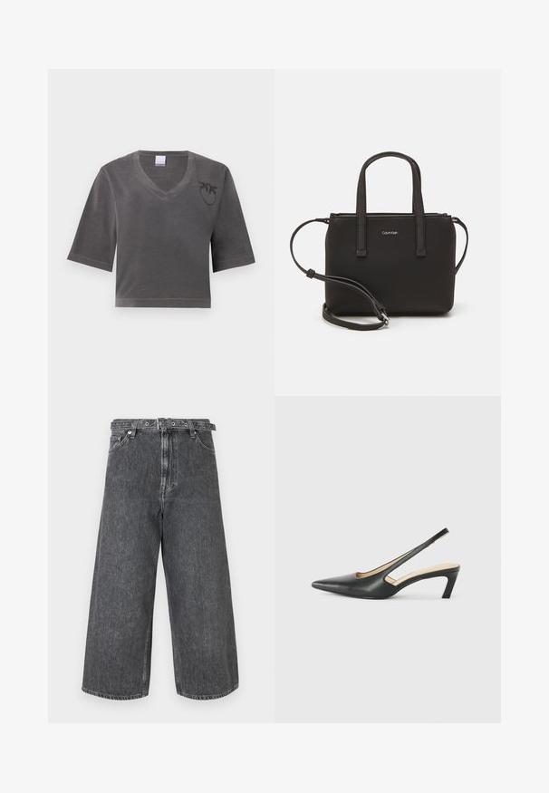 Hallitarveid V-kaelusega lühikeste varrukatega hall lühike T-särk. Tekstuuriga kangas, millel on vasakul rinnal peen logo detail.; Laiad säärega teksad tumedas hallis denimis. Kõrge vöökoht, nööbi ja tõmbluku sulgemine, lõpetatud ääred ja kerge kulumine.; Must mustaga, terav varvas, madala kontsaga sildiga king, mis on valmistatud siledast nahast ja mille küljel on lõike disain hingavuse tagamiseks.; Musthave mustrans vöö ja eemaldatav õlarihm. Gludike nahk siledaga, millel on tõmblukk ja logo detail.