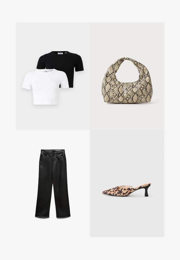 Sada dvou krátkých rukávů crop T-shirt v černé a bílé barvě, vyrobených z žebrované látky s kulatým výstřihem a přiléhavým střihem.; Černé široké kalhoty z umělé kůže s předními kapsami, poutky na pásek a jemným leskem. Hladká textura a střih na míru.; Mule boty se špičatou špičkou, s horní částí v tygrovaném vzoru a nízkým černým jehlovým podpatkem na světlém pozadí.; Kabelka s hadím vzorem a zakřiveným držadlem. Vyrobena z texturovaných béžových a hnědých materiálů, s charakteristickým diamantovým vzorem.