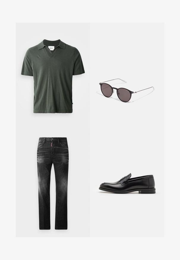 Polo de manga curta verde escuro com decote em V, confeccionado em tecido suave, apresentando uma barra reta e fendas laterais para maior conforto.; Jeans de denim preto com um corte reto. Apresentam áreas desbotadas, ligeira degradação, design clássico de cinco bolsos e um fecho de botão.; Mocassins de couro preto com uma textura suave, bico arredondado e uma faixa decorativa sobre o peito do pé. Salto baixo e empilhado, design minimalista.; Óculos de sol redondos pretos com lentes escuras e hastes metálicas finas. Inclui pontas de templo transparentes e detalhes em prata na dobradiça. Design minimalista.