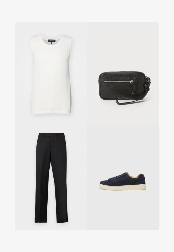 Top bianco senza maniche realizzato in un tessuto a maglia testurizzata. Presenta un collo rotondo e una vestibilità rilassata con fondo dritto. Etichetta del marchio visibile all'interno.; Pantaloni neri a gamba dritta in tessuto liscio. Presentano una vita standard e nessun motivo o accento visibile.; Sneaker bassa in suede blu navy con punta tondeggiante, suola in gomma bianca sporca e lacci abbinati; presenta un rivestimento interno a contrasto in tonalità tan.; Clutch nera in pelle con superficie testurizzata, tasca frontale con zip e tracolla rimovibile. Presenta una patch con logo sul davanti. Forma rettangolare.