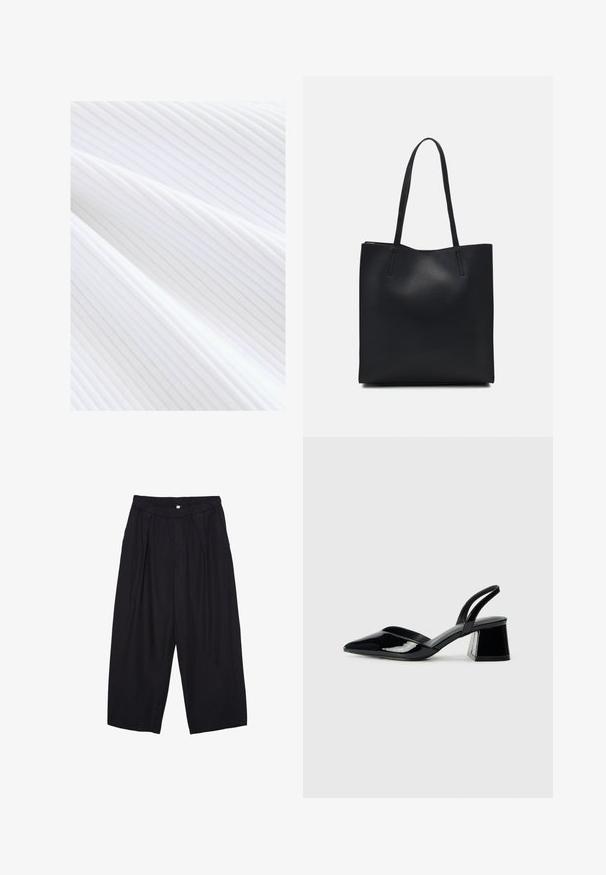 Weißer gerippter Stoff mit feinen vertikalen Linien und einer glatten Textur, der in sanften Falten hängt.; Schwarze Polyester-Culotte mit einem elastischen Bund, zwei vorderen Falten und einer lockeren Silhouette. Keine sichtbaren Muster oder Hardware-Details.; Schwarze Lackleder-Slingback-High Heels mit spitzem Schuh und einem geometrischen Blockabsatz. Verfügt über ein schlankes, minimalistisches Design und eine glatte Textur.; Schwarze Laptoptasche aus Leder mit glatter Textur, rechteckiger Form und zwei langen Griffen. Keine sichtbaren Beschläge oder Verzierungen.