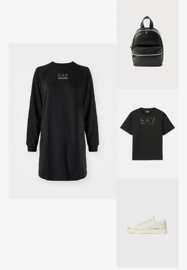 Mustmust särgvärk mustast puuvillast, mille esipinnal on tekstuuriga logodisain sädelustega, millel on halli värviga trükitud "EA7" ja "EMPORIO ARMANI". Lühikesed varrukad.; Must mustaga pikkade varrukatega kleit, ümmarguse dekolteega ja tekstuurse kudumaterjaliga. Rindkere küljes on kuldne "EA7 Emporio Armani" logo.; Kreem valged madalad tossud, millel on nööridega disain, valge sisevooder ja peen multivärviline äär sole ääres, külgvaade.; Must musta seljakott ümmarguse kujuga, lukuga esikott ja kaks pealmist käepidet. Omab hõbedased metalldetailid ja sujuvat tekstuuri.