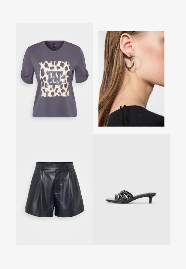 Tricou gri cu mânecă scurtă și guler rotund, prezentând un grafic cu imprimeu de leopard și textul "LA vibes" în alb și auriu pe față.; Pantaloni scurți din piele neagră cu o textură netedă, design croit, față pliată și bucle pentru bradă; prezintă un buzunar cu fermoar ascuns pe lateral.; Sandale negre cu toc înalt, dotate cu mai multe curele lucioase și accente metalice, având vârful ascuțit și tocuri mici. Textură netedă.; Cercel din argint cu un finisaj polișat, având detalii mici din aur și o formă rotundă, purtat pe lobul urechii.