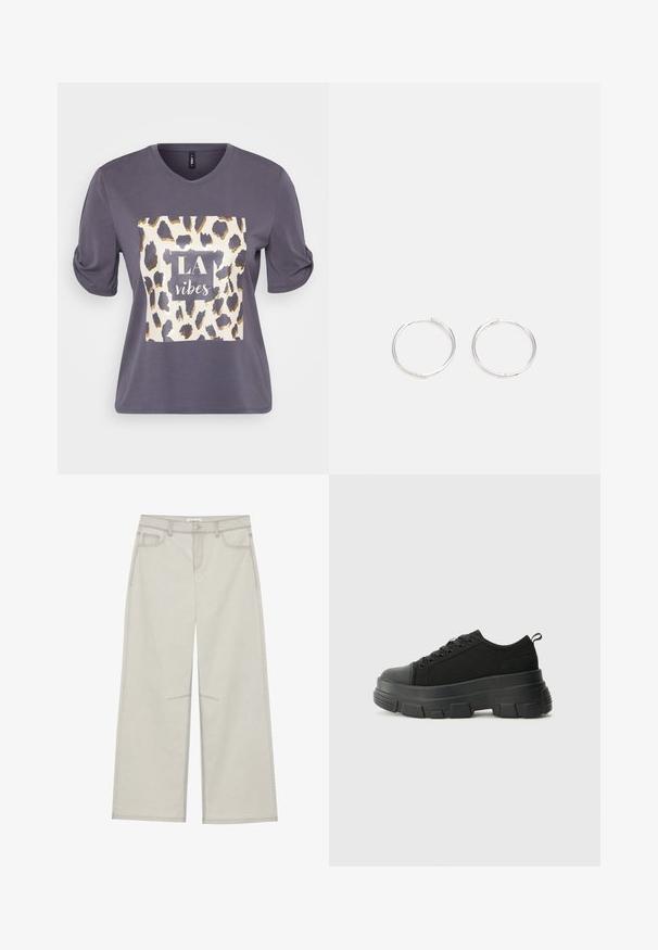 Grå kortærmet t-shirt med rund hals, prydet med et leopardmønster og teksten "LA vibes" i hvidt og guld foran.; Lysegrå bredbenede bukser med fem lommer, frontknaplukning og kontrastsyninger langs sømmen. Stoffet ser blødt og slidstærkt ud.; Sorte sneakers med en kraftig gummisål, tekstureret stofoverdel, rund tå og snørredesign. Har forstærkede snørrehuller og en trækkrog bagpå.; Sølv hoop øreringe med et slankt, rundt design, der har en glat overflade og ingen synlige udsmykninger. Diameter ikke specificeret.