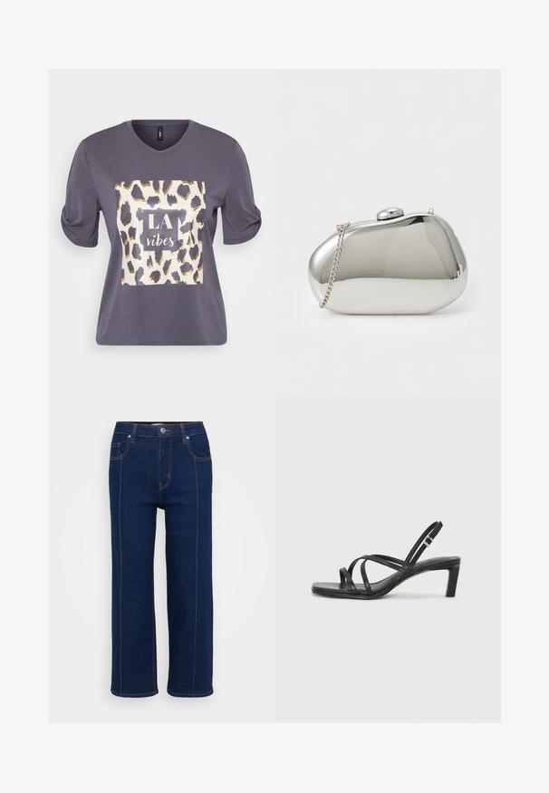 Pelēks īsām piedurknēm T-krekls ar apaļu kakla izgriezumu, ar leopardu druku un uzrakstu "LA vibes" baltā un zelta krāsā priekšpusē.; Tumši zili taisni džinsi ar pogu aizdari, priekšējām un aizmugurējām kabatām, kā arī redzamām oranžām šuvēm.; Melnas strappy sandales ar kvadrātveida purngaliem un zemu bloku papēdi. Ievērojamas ar vairākiem plāniem siksniņām un regulējamu potītes siksniņu. Izgatavotas no gludas ādas.; Sudraba metāla soma ar noapaļotu, gludu formu. Aprīkota ar sprādzi un noņemamu ķēdes siksnu. Spoguļojoša virsma bez rakstiem.