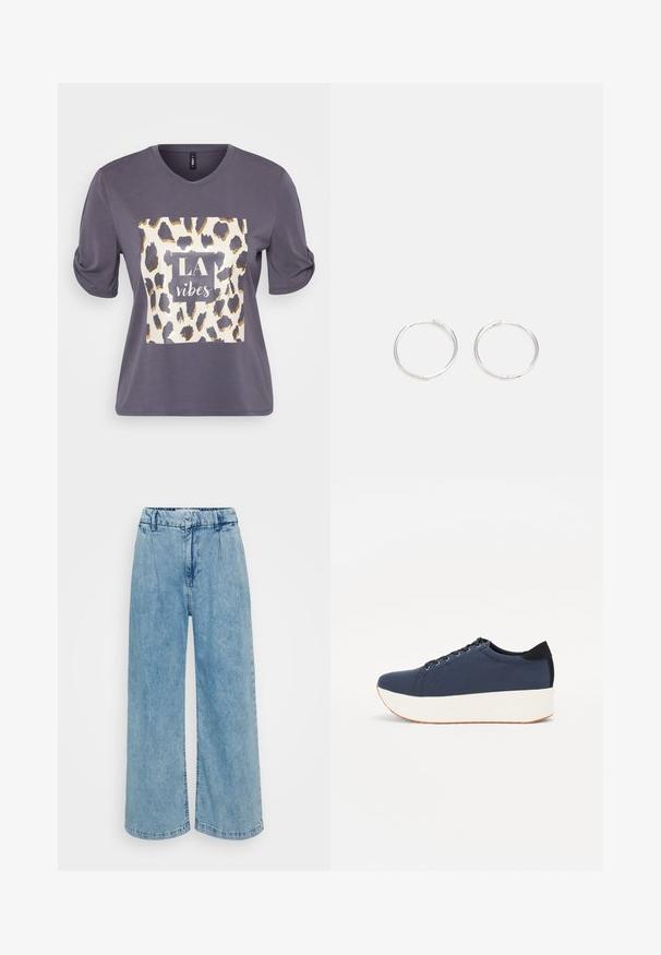 Hallus halli lühikeste varrukatega särk ümmarguse kaelusega, mille esiküljel on leopardimuster ja tekst "LA vibes" valge ja kuldsega.; Heledad sinised denimpüksid laia jala ja kõrge vöökohaga, mis on varustatud voldikutega, sileda tekstuuri ja viimistletud servadega.; Tumedat sinised tennised tekstureeritud riidest pealispinnaga, valge platvormi tallaga, ümarate varvaste ja musta kontsapaneeliga. Omab kuut silma paelte jaoks.; Hõbedased rõngaskõrvarõngad, millel on sujuv ja ümar disain, millel on sile pind ja nähtavad kaunistused puuduvad. Diameeter ei ole täpsustatud.