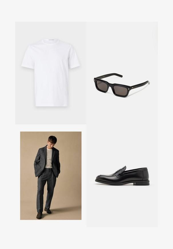 Bílá bavlněná tričko s kulatým výstřihem a krátkým rukávem. Hladká textura, rovný střih a minimalistický design bez vzorů nebo akcentů.; Šedý oblek na míru s klopami a předními kapsami, spárovaný se pruhovanou košilí. Kalhoty mají uvolněný střih a záhyb. Hnědé boty.; Černé kožené polobotky s hladkou texturou, zaoblenou špičkou a zdobným páskem přes nárt. Nízký stohovaný podpatek, minimalistický design.; Černé obdélníkové sluneční brýle s tmavými skly, silným plastovým rámem, zlatými akcenty na spáncích a vyrytým logem značky na nožičce.