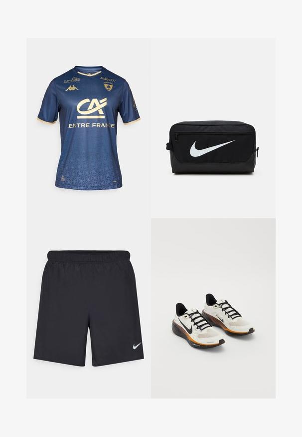 Jūras spēku zilo sporta kreklu ar zelta akcentiem, kuram ir ģeometriska rakstā, logo un sponsora teksts. Īsas piedurknes un apaļa kakla dizains.; Melnas sporta šorti, izgatavoti no viegla materiāla, ar elastīgu jostu. Uz apakšējā kreisā stūra ir neliels balts Nike logo.; Nike skriešanas apavi ar baltu sieta augšdaļu, melnām auklām, apelsīnu un melnu zoli ar punktveida dekoriem, kā arī elpojošu dizainu.; Melna Nike tualetes soma ar gludu tekstūru, ar baltu swoosh logotipu, augšējo rāvējslēdzēju un sānu kabatu.