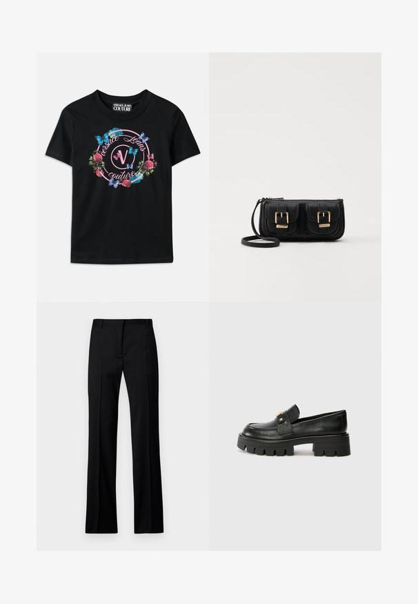 Črna majica s kratkimi rokavi, ki ima barvit cvetlični in metuljasti grafični vzorec, z rožnatimi in modrimi poudarki. "Versace Jeans Couture" natisnjen v krožni obliki.; Črne hlače ravnega kroja iz gladkega materiala, z ravnim sprednjim delom, z passom za pas in brez vidnih žepov ali okrasnih elementov.; Črne usnjene loaferje z debelim podplatom, ki imajo zlatoten naglas na sprednji strani in gladko površino. Debela oblika profila na podplatu.; Črna usnjena torbica čez ramo z dvema sprednjima žepoma, zlatimi zaponkami, zadrgo in ozkim pasom. Tekstura površine je strukturirana, obliko pa ima kompaktno pravokotno.