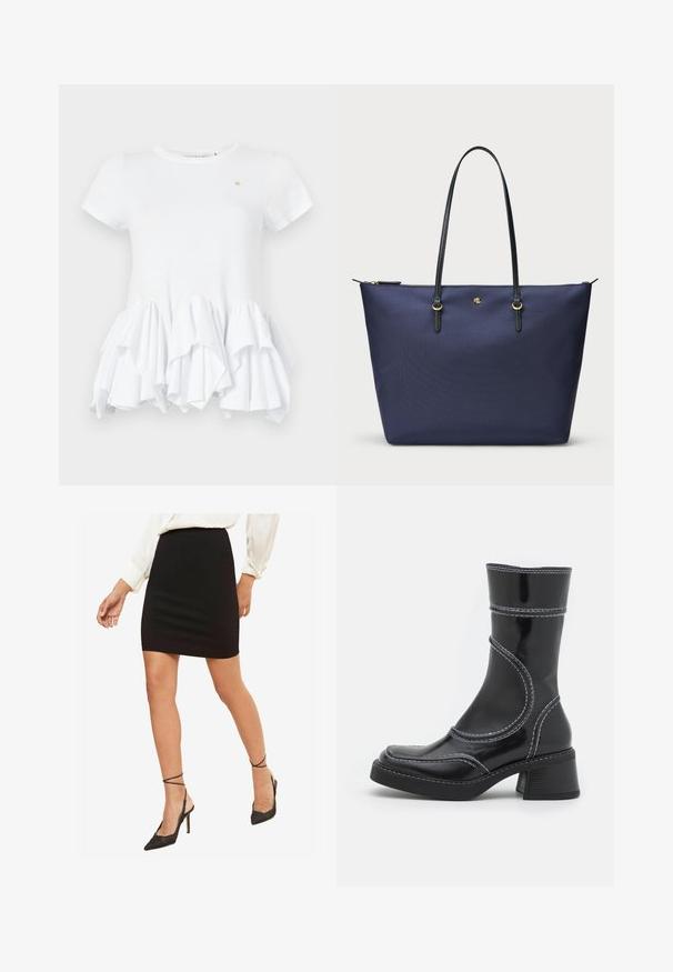 Fehér, rövid ujjú póló, fodros alsó résszel. Simaságot adó pamutból készült, kerek nyakkivágása van, és egy kis logó díszíti a mellkas közelében.; Fekete, testhez simuló mini szoknya, sima anyagból, közepes derékbőséggel, fekete, hegyes orrú, bokapántos magassarkú cipőkkel párosítva.; Fekete lakkbőr bokacsizma fehér varrással, kerek orral és blokk sarkal. Görbült formai vonalakkal és sima textúrával rendelkezik.; Tengerészeti kék vászontáska strukturált anyagból, fekete bőr fogantyúkkal és arany színű fém kiegészítőkkel. Cipzáras záródás a tetején.