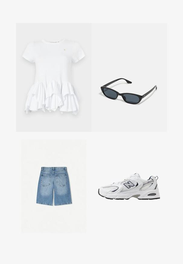 Biele tričko s krátkymi rukávmi, s volánovým lemom. Vyrobené z hladkej bavlny, má okrúhly výstrih a malú logo akcentáciu pri hrudi.; Džínsové kraťasy vo svetlomodrej farbe s voľným strihom. Majú dve zadné vrecká a rovný strih. Hladká textúra s minimálnym vyblednutím.; Biele športové topánky s priedušným vrchným materiálom, námorníckymi akcentmi a polstrovanou podrážkou. Obsahujú logo "N", šnúrky a textúrovaný detail na boku.; Čierne mačacie slnečné okuliare s tmavými sklami, plastovým rámom, štíhlymi spolkami a jemným brandingom na vnútornej strane ramena. Matná povrchová úprava.