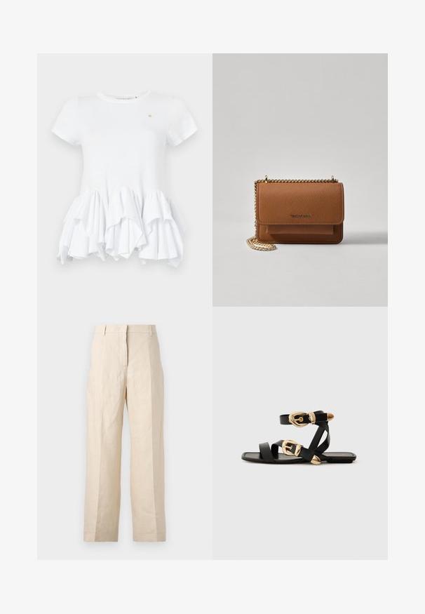Biele tričko s krátkymi rukávmi, s volánovým lemom. Vyrobené z hladkej bavlny, má okrúhly výstrih a malú logo akcentáciu pri hrudi.; Béžové ľanové nohavice vo voľnom strihu, s plisovaným predným dielom a rovnými nohavicami. Majú pás s pútkami na opasok a bez viditeľných vreciek.; Čierne kožené sandále so zlatými prackami, s viacerými pásikmi a plochou podrážkou pre otvorené nosenie.; Hnedá textúrovaná kožená taška cez telo s zlatým reťazovým popruhom a preklopným uzáverom. Predná strana obsahuje detail s logom a vrecko pod preklopkou.