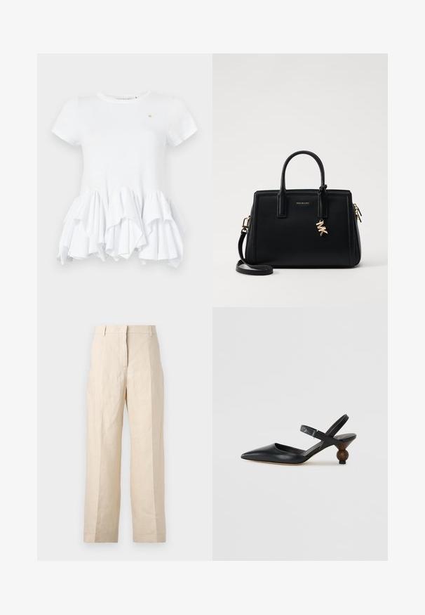 Balta T-kreklu ar īsām piedurknēm, kas izceļas ar volānu apakšmalu. Izgatavots no gludas kokvilnas, tam ir apaļa kakla izgriezums un neliels logo akcenti tuvumā krūtīm.; Bežīgas lina bikses ar brīvu piegriezumu, krokām priekšā un taisnām kājām. Piedāvā jostu ar cilpiņām un bez redzamām kabatām.; Melnas ādas siksniņu kurpes ar smailu purngalu, izliektu dizainu un apaļu koka līdzīgu papēdi. Iekļauta šaura potītes siksna.; Melnas ādas rokas soma ar strukturētu dizainu, dubultiem augšējiem rokturiem, noņemamu plecu siksnu, zelta aparatūru un logo piekariņu akcentu.