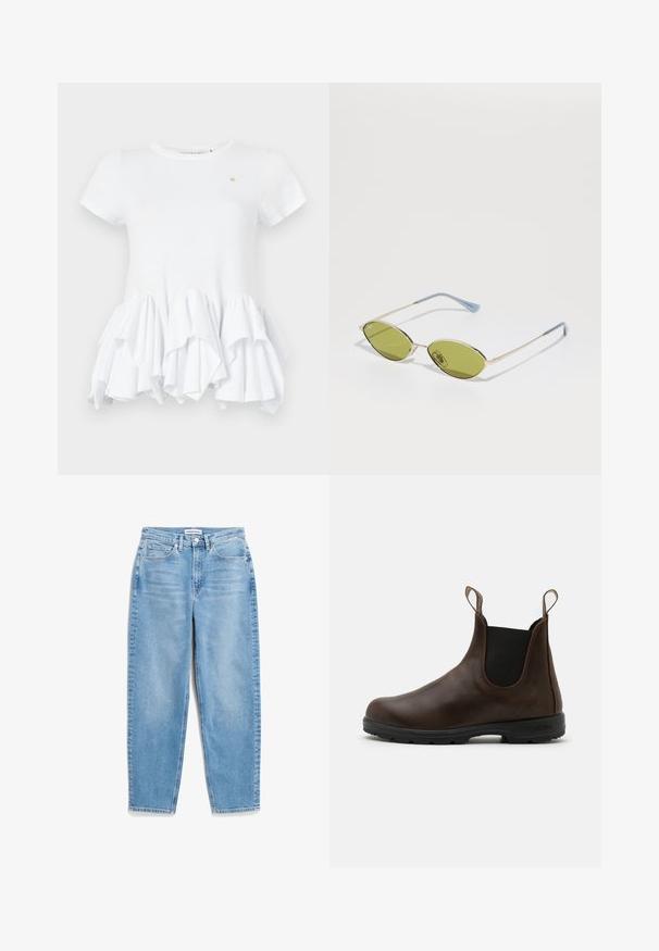 Camiseta blanca de manga corta, con un dobladillo con volantes. Hecha de algodón suave, tiene un escote redondo y un pequeño logo cerca del pecho.; Jeans de mezclilla azul claro con un diseño de pierna recta, cinco bolsillos y un ligero desvanecimiento en la parte frontal. Presenta un cierre de botón clásico en la cintura.; Botín de cuero marrón hasta el tobillo con paneles laterales elásticos, lengüetas y suela de goma texturizada. Presenta un diseño elegante con punta redonda.; Gafas de sol verde oliva con un marco dorado delgado y brazos acentuados en azul. Lentes ovaladas y diseño minimalista.; Bolso de hombro de ante marrón con una textura suave, forma curva y dos asas. Presenta un diseño minimalista sin herrajes o acentos visibles.