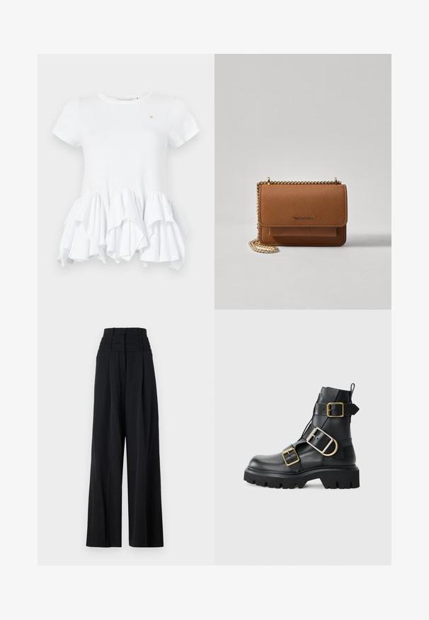 Balta T-kreklu ar īsām piedurknēm, kas izceļas ar volānu apakšmalu. Izgatavots no gludas kokvilnas, tam ir apaļa kakla izgriezums un neliels logo akcenti tuvumā krūtīm.; Melni platajā kāja bikses ar augstu jostasvietu, priekšā ar krokām un gludu faktūru. Nav redzamu logo vai rakstu.; Melna ādas potīšu zābaku ar masīvu zoli, kuram ir vairāki siksniņas un zelta aksesuāri. Gluda tekstūra, izturīgs dizains.; Brūna teksturēta ādas plecu soma ar zelta ķēdes siksnu un atloka aizdari. Priekšpusē ir logotipa detaļa un kabata zem atloka.