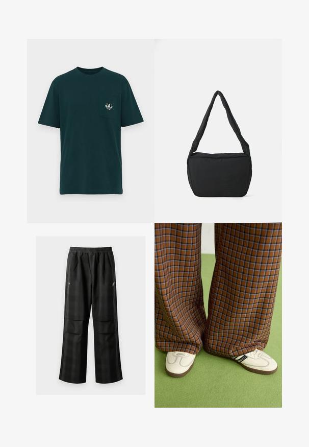 Camiseta de algodão verde escuro com gola redonda, mangas curtas e um bolso no peito com um logótipo bordado multicolorido.; Calças pretas em padrão xadrez com cintura elástica, dois bolsos frontais e um ajuste solto com design de perna reta. Feitas de material leve.; Calças largas em padrão xadrez castanho e azul, combinadas com sapatos brancos com detalhes pretos e solas texturizadas, contra um fundo verde.; Saco preto de ombro com uma textura almofadada, uma forma arredondada e uma alça larga, apresentando um logótipo em relevo na parte da frente.