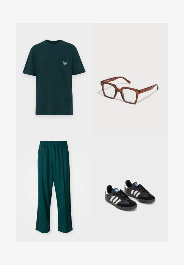 Tamnozelena pamučna majica s okruglim izrezom, kratkim rukavima i džepom na prsima koji ima višebojni izvezeni logo.; Tamnozelene atletske hlače s elastičnim pojasom, ravnim krojem i crnim bočnim trakama. Izrađene od mekog, rastezljivog materijala.; Crne tenisice s gornjim dijelom od antilopa i sintetičkog materijala, s tri bijele pruge, teksturiranom gumenom potplatom i plavom oznakom na jeziku.; Smeđe oversized pravokutne naočale s prozirnim lećama i blagim ružičastim tonom na desnoj leći. Plastičan okvir s glatkom teksturom.