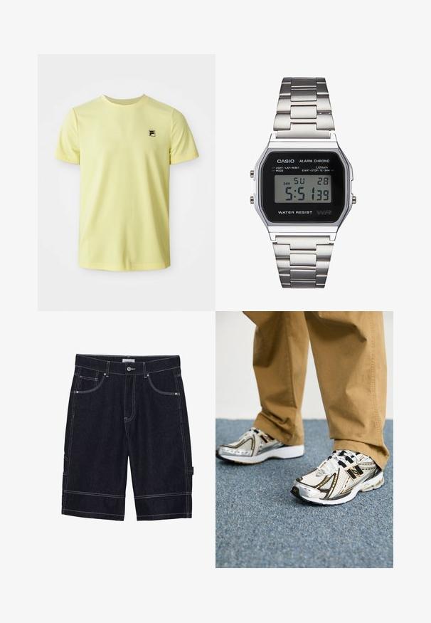Világos sárga, rövid ujjú, kerek nyakú póló, kis fekete logóval a bal mellkason, fehér háttér előtt bemutatva.; Sötét farmer sort kontrasztos varrással, öt zseb, gombos záródás és egyenes szabás. Nincsenek látható minták vagy textúrák.; Fehér és ezüst New Balance sportcipők fekete részletekkel és fűzőkkel, hálós felsőrésszel, párnázott talppal és dinamikus designnal.; Digitális Casio óra fekete számlappal, ezüst színű rozsdamentes acél szíjjal, téglalap alakú tokkal, valamint gombokkal a világításhoz, körtáv állításhoz és a módok átállításához.; Ezüst lánc nyaklánc, amelyen egy egyszerű, téglalap alakú kereszt medál található, polírozott felülettel és sima textúrával.