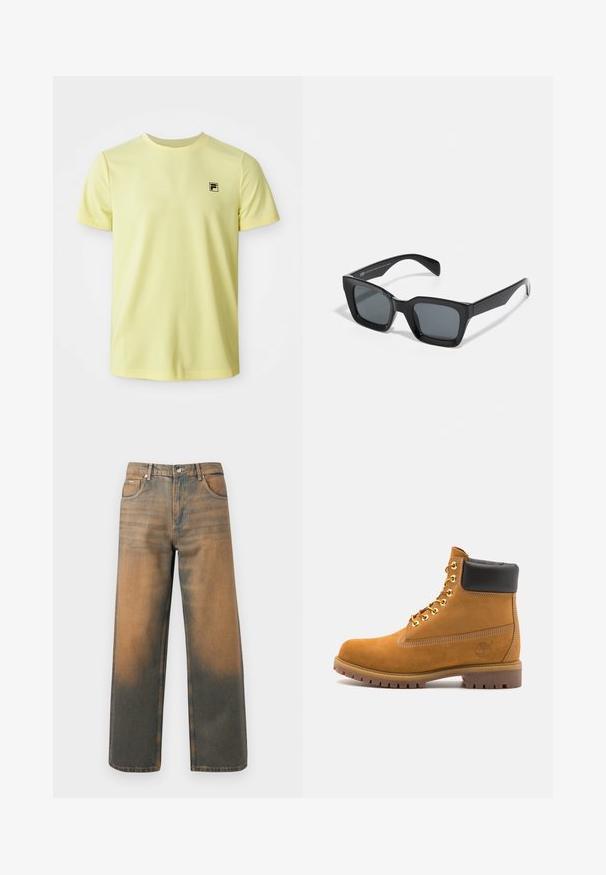Světle žluté tričko s krátkým rukavem a kulatým výstřihem, na levé straně hrudi malé černé logo, představené na bílém pozadí.; Džíny s širokými nohavicemi v distressed modré a hnědé denimové barvě. Mají vysoký pas, přední kapsy a klasické zapínání na knoflík se metalickými akcenty.; Hnědé semišové kotníkové boty s černým polstrovaným límcem, zlatými kovovými očky, bílým prošíváním a odolnou gumovou podrážkou s výraznými drážkami.; Černé obdélníkové sluneční brýle s tmavými skly. Plastový rám s lesklým povrchem, široký most a mírně zúžené stranice.