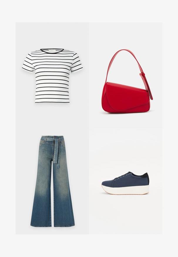 Gina Tricot BASIC TIGHT - T-paita - white; Yksiväriset farkut leveällä lahkeella, joissa on vaaleasta tummansiniseen häipyvä väri, korkea vyötärö, vyölenkit ja yhteensopiva kangasvyö. Rakennefarkkujen pinta.; Sotilaspunainen tennari, jossa on teksturoitu kangasyläosa, valkoinen alustan pohja, pyöreä kärki ja musta kantapääkorostus. Varustettu kuudella nyörille tarkoitetulla reikällä.; Punainen nahkalaukku, jossa on kulmikas, geometrinen muotoilu. Varustettu yhdellä säädettävällä hihnalla ja läpällä, jossa on ommeltu yksityiskohtia.