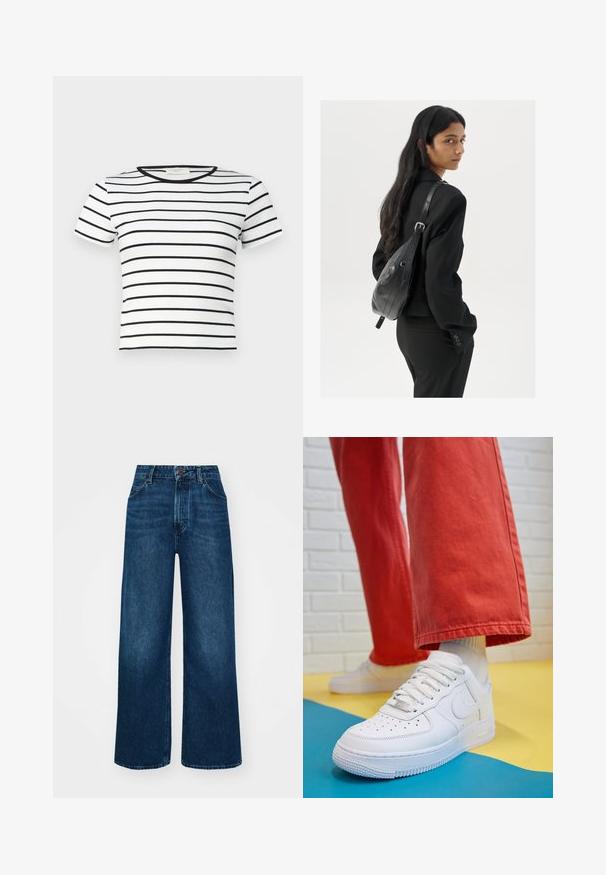 Gina Tricot BASIC TIGHT - Základné tričko - white; Džíny s vysokým pásom a širokými nohavicami v tmavomodrom denime so hladkou textúrou, kontrastným prešívaním a dizajnom so piatimi vreckami. Predné zapínanie na gombík.; Biele kožené tenisky s perforovanou špičkou, textúrovanou podrážkou a bielymi šnúrkami, spárované so širokými červenými nohavicami na modrom a žltom pozadí.; Žena s dlhými tmavými vlasmi, oblečená v čiernom obleku, nesúca čiernu koženú kabelku na ramene, pozerajúca cez rameno na bielom pozadí.