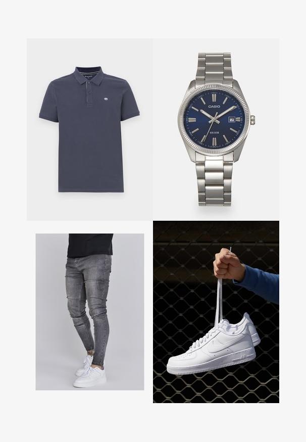 Navy Polo-Shirt aus Baumwollmischung mit zwei Knöpfen, kurzen Ärmeln und kleinem gesticktem Logo auf der linken Brust.; Schlanke Jeans aus ausgebleichtem grauem Denim, mit abgenutzten Details an den Knien, kombiniert mit weißen Sneakers. Glatte Textur, schlanker Schnitt.; Weiße Leder-Sneaker mit Perforationen, runder Zehenpartie, flacher Sohle und dicken Schnürsenkeln, mit sichtbar eingesticktem Swoosh-Logo und "AIR" an der Ferse.; Silberner Armbanduhr aus Edelstahl mit einem dunkelblauen Zifferblatt, metallischen Stundenmarkierungen und einem Datumsfenster bei 3 Uhr. Wasserdicht bis 50 Meter.