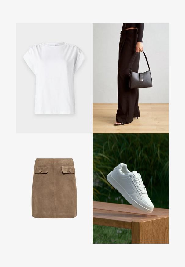 Biela krátkotrká t-shirt vyrobená z bavlny. Má okrúhly výstrih a zbiehajúce sa detaily na pleciach pre uvoľnený strih.; Hnedá semišová mini sukňa s hladkou textúrou, ktorá má dva predné vrecká s klopou a gombíkové zapínanie na každej strane. Jednoduchý, rovný dizajn.; Biele tenisky s hladkým syntetickým zvrškom, perforovanou špičkou, plochými šnúrkami a textúrovanou podrážkou, vystavené na drevenej ploche.; Čierna kabelka so štruktúrovaným tvarom, hladkou textúrou a kovovou sponou. V kombinácii so širokými čiernymi nohavicami a sandálmi s otvorenou špičkou na drevenej podlahe.