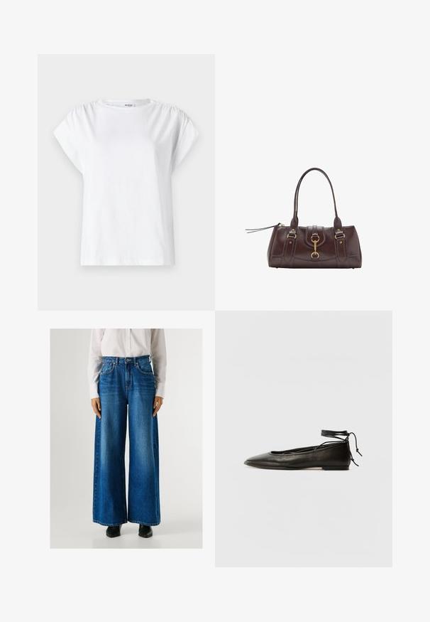 Biela krátkotrká t-shirt vyrobená z bavlny. Má okrúhly výstrih a zbiehajúce sa detaily na pleciach pre uvoľnený strih.; Modré nohavice s širokými nohavicami a vysokým pásom, vyrobené z denimu, s prednými vreckami a zapínaním na gombík. Hladká textura s klasickým praním.; Čierne kožené baletky s špicatou špičkou, viazaním okolo členka a plochou podrážkou, s hladkou textúrou a minimalistickým dizajnom.; Tmavohnedá kožená kabelka s dvoma hornými uchami, zlatými kovovými akcentmi, predným zámkom a prešívanými textúrami na stranách.