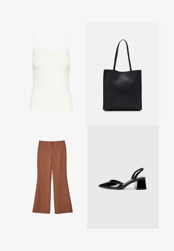 Bela rebrasta top z nastavljivimi naramnicami in nežnim čipkastim robom ob izrezu. Mehka, elastična tkanina. Prikrojena zasnova.; Rjave, široke hlače iz mehkega blaga. Imajo dva sprednja gumbka in gladko teksturo brez vidnih vzorcev ali dodatkov.; Črne lakirane slingback pete s koničastim nosom in geometrijsko blokasto peto. Imajo eleganten, minimalističen dizajn in gladko teksturo.; Črna usnjena torba s svilnato teksturo, pravokotne oblike in dvema dolgima ročajema. Brez vidnih metalnih delov ali okrasnih elementov.