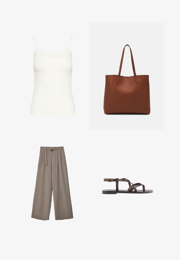 White ribbed camisole with adjustable spaghetti straps and delicate lace trim along the neckline. Soft, stretchy material. Fitted design.; Wide-leg trousers in a soft, muted grey fabric, featuring a belted waist and pleats for added design detail. Smooth texture, no patterns.; Brown leather sandal featuring crisscross straps, an ankle buckle closure, and a flat sole with minimal stitching details.; Brown leather tote bag with a smooth texture, open top design, and two shoulder straps. Features minimal stitching and no visible hardware.