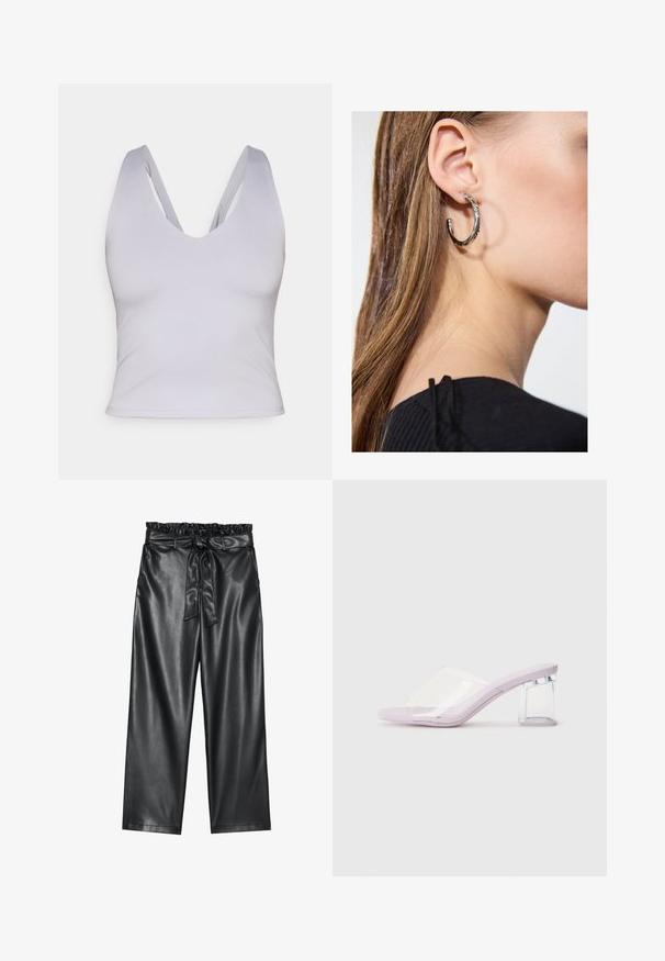 Top corto senza maniche grigio chiaro con scollatura a V profonda, realizzato in tessuto liscio, con spalline larghe e un design aderente.; Pantaloni wide-leg neri in pelle sintetica con elastico in vita arricciato e cintura staccabile. Texture liscia e finitura minimale.; Mule con tacco lilla con parte superiore in plastica trasparente e tacco a blocco trasparente. Texture liscia, design a punta aperta, forma minimalista.; Orecchino a cerchio in argento con finitura lucida, caratterizzato da piccoli dettagli in oro e una forma tondeggiante, indossato sul lobo.