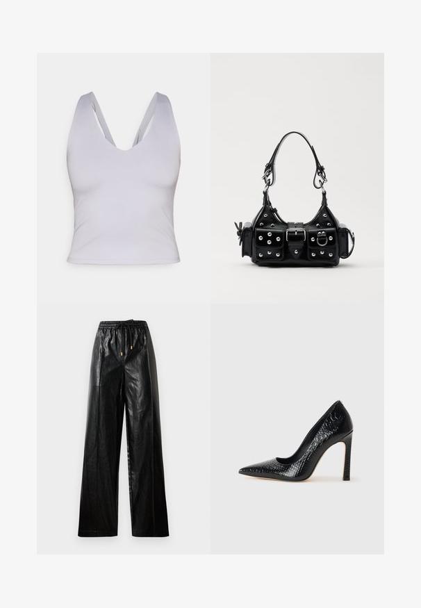 Šviesiai pilkas be rankovių crop top'as su giliu V iškirpimu, pagamintas iš lygios medžiagos, turintis plačias petnešas ir prigludusią siluetą.; Juodos odinės plačios kelnės su elastine juosta, raišteliu ir auksiniais akcentais. Lygus paviršius ir laisvas fasonas.; Juoda smailiakulnė aukšto kulno bateliai su krokodilo odos tekstūra, pasižymintys elegantišku dizainu, aukštu stiletu kulnu ir lygia juoda vidine dalimi.; Juodas odinis rankinukas su kreiviu dizainu, su sidabro spalvos knopkėmis, užsegimu ir dviem šoninėmis kišenėmis. Reguliuojama dirželis nešimui.