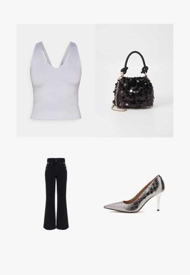 Helles graues ärmelloses Crop-Top mit tiefem V-Ausschnitt, aus glattem Stoff gefertigt, mit breiten Trägern und einer taillierten Passform.; Schwarze, aus Baumwollmix gefertigte Schlagjeans mit hoher Taille, Knopfverzierungen an den Seiten und einer glatten Textur. Klassische Silhouette und vielseitiges Design.; Silberner Pumps mit hohen Absätzen aus synthetischem Material im Krokodil-Design, spitz zulaufende Zehenpartie und schlanker Stiletto-Absatz mit schwarzem Akzent.; Schwarze Pailletten-Mini-Handtasche mit einem geknoteten, strukturierten Tragegurt und einer silbernen Kette. Abgerundete Form mit gerafftem oberen Teil und reflektierenden Details.