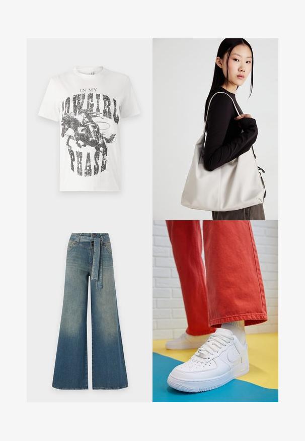 White cotton t-shirt featuring a graphic print of a horse and rider with the text "IN MY COWGIRL PHASE" in bold, distressed black lettering.; Wide-leg denim trousers featuring a light to dark blue gradient, high waist, belt loops, and a matching fabric belt. Textured denim finish.; White leather sneaker with perforated toe box, textured sole, and white laces, paired with wide red pants and a blue and yellow background.; Beige handbag made of soft material, featuring a slouchy design, stitched detailing, and two shoulder straps. Suitable for everyday use.