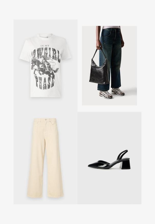 T-shirt de algodão branco com uma impressão gráfica de um cavalo e cavaleiro, acompanhada do texto "NA MINHA FASE DE COWGIRL" em letras pretas, negritas e desgastadas.; Jeans de perna larga bege feitos de algodão. Apresentam um fecho de botão, passadores para cinto e bolsos frontais com uma textura lisa e suave.; Sandy em verniz preto com salto slingback, ponta afilada e salto geométrico. Apresenta um design elegante e minimalista com textura suave.; Bolsa de ombro em couro preto com textura suave e alça ajustável, combinada com jeans de perna larga desbotados e ténis desportivos.