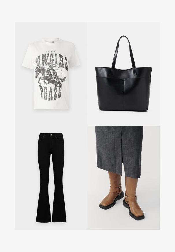 Witte katoenen t-shirt met een grafische print van een paard en ruiter met de tekst "IN MY COWGIRL PHASE" in vetgedrukte, verweerde zwarte letters.; Zwarte hoge taille jeans met een knoop- en ritssluiting, voorzakken en een flared pijp, plat gelegd op een witte achtergrond.; Bruine leren kniehoge laarzen met een vierkante neus, zwarte rubberen zool en verstelbare gespsluiting. Draagt bij een grijze streeprok.; Zwarte leren tote bag met twee lange handvatten, een zachte textuur en een gestructureerde vorm. Voorzien van een voorvak voor extra opslagruimte.