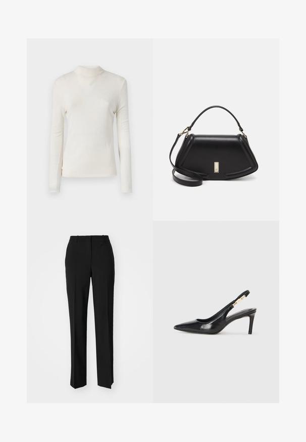 Šviesiai grietinėlės spalvos, ilgomis rankovėmis, turtlenecko tipo palaidinė, pagaminta iš lygaus, minkšto audinio, tvirtai priglundančio prie kūno be matomų raštų ar puošmenų.; Juodi pritaikyti kelnių modeliai su tiesiomis kojomis, pasižyminčios lygiomis tekstūromis ir ryškiomis klostėmis priekyje. Nėra matomų detalių.; Juodos odinės slingback aukštakulniai batai su smailiu pirštu, lygiu paviršiumi ir siaura kulkšnies juosta su auksiniais akcentais.; Juoda odinė rankinė su struktūrizuotu dizainu, turi trumpą formą, viršutinę rankeną ir auksinius akcentus. Pridėtas reguliuojamas peties diržas.