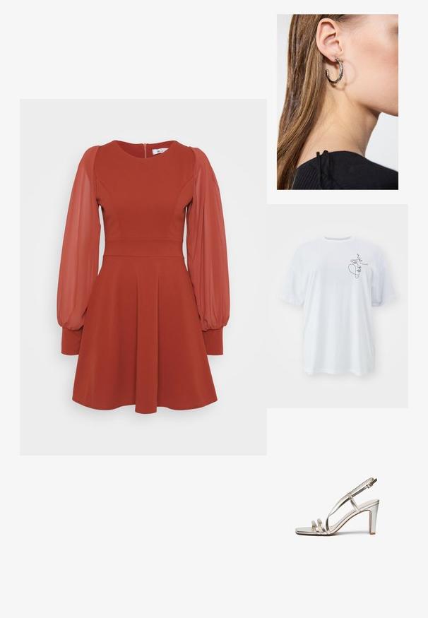 White cotton t-shirt, oversized fit, featuring a minimalist black line drawing on the left side. Classic crew neck and short sleeves.; Red dress with short puffed sheer sleeves, fitted bodice, flared skirt, and a back zipper. Made of textured fabric with a smooth finish.; Metallic silver high-heel sandal with an open toe, featuring three thin straps across the foot and an ankle strap with a buckle.; Gold metallic clutch bag with a smooth texture, featuring a triangular flap closure. The hand holding it has neatly manicured nails.; Silver hoop earring with a polished finish, featuring small gold accent details and a round shape, worn on the lobe.