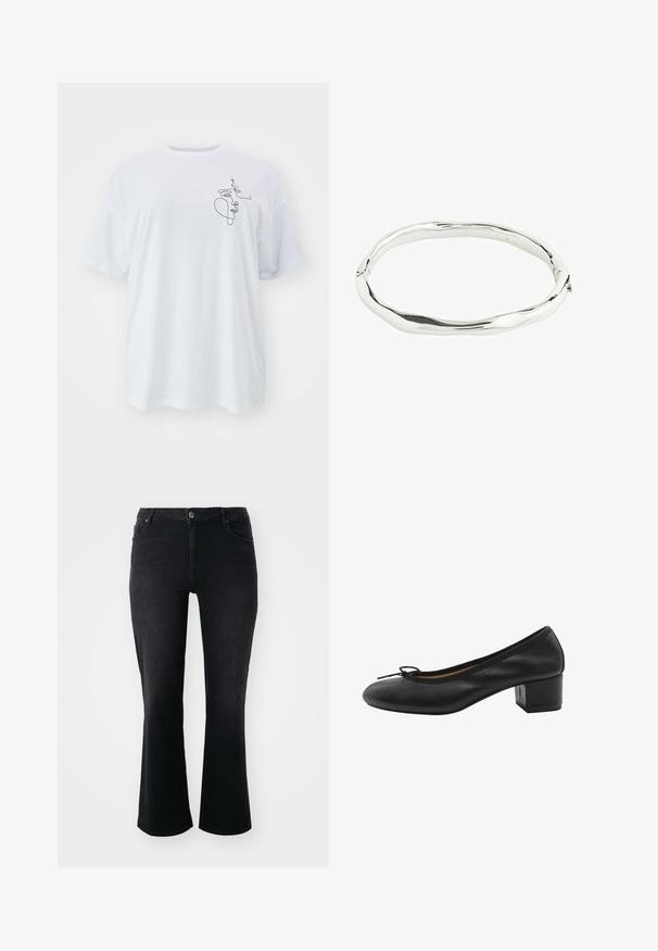 Camiseta blanca de algodón, corte oversized, que presenta un dibujo minimalista en línea negra en el lado izquierdo. Cuello redondo clásico y mangas cortas.; ONLY Carmakoma CARWILLY - Vaqueros rectos - black denim; Zapato de tacón de cuero negro con punta redonda, pequeño detalle de lazo en la parte delantera y tacón cuadrado. Textura suave con acentos de diseño mínimos.; Brazalete de metal plateado con un diseño ondulado e irregular. Superficie lisa con un acabado pulido que refleja la luz. Forma circular sin acentos notables.
