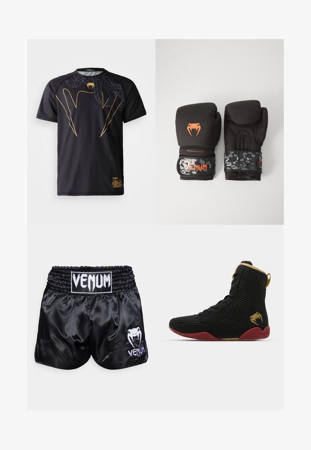 Camiseta atlética negra de manga corta con diseño de colmillo de serpiente dorado y un sutil patrón de escamas de serpiente en el pecho superior y el hombro derecho.; Pantalones cortos de boxeo de satén negros con una cinturilla elástica; presentan un logo blanco y un diseño de serpiente en la pierna izquierda. Textura suave.; Zapatilla deportiva alta de malla negra y material sintético, con acentos texturizados, suela de goma roja y detalles en dorado en el tobillo.; Guantes de boxeo negros con acabado mate y diseño ergonómico. Detalles del logo en naranja y tiras de muñeca con patrón de camuflaje.