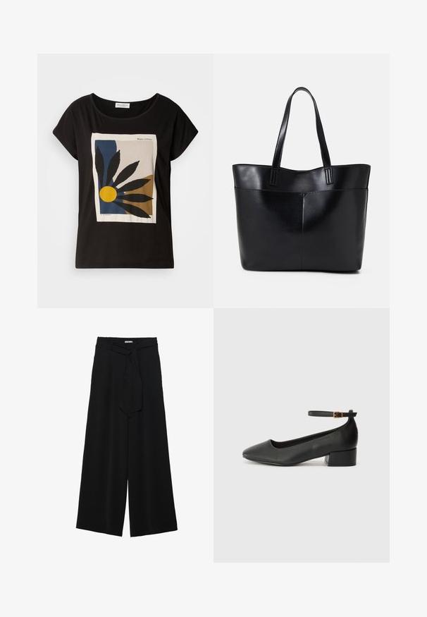 Black short-sleeve T-shirt featuring a graphic print with leaves and a yellow sun on a beige background, with "Marc O'Polo" branding.; Black wide-leg pants featuring a textured fabric, an elastic waistband, and a detachable sash tie at the waist for adjustable fit.; Black leather pump with a pointed toe and a low block heel. Features an ankle strap with a gold-tone buckle. Smooth texture.; Black leather tote bag with two long handles, a smooth texture, and a structured shape. Features a front pocket for additional storage.; Silver hoop earrings with a minimalist design. Circular shape, smooth texture, and thin profile. Lightweight with a polished finish.