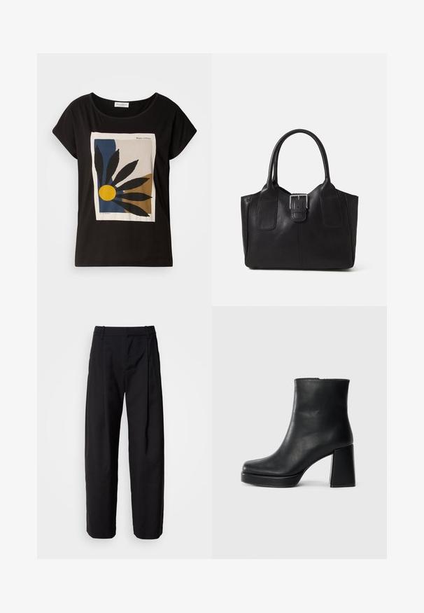 T-shirt preta de manga curta com uma estampa gráfica de folhas e um sol amarelo sobre um fundo bege, com a marca "Marc O'Polo".; Calças pretas com um corte descontraído, frente plissada e passadores para cinto. Tecido suave e pernas retas, com bolsos laterais.; Bota de couro preta até ao tornozelo com salto bloco e sola com plataforma, vista de lado sobre um fundo branco liso.; Bolsa tote de couro preta com textura suave, forma estruturada, duas alças e um destaque prateado proeminente na parte da frente.