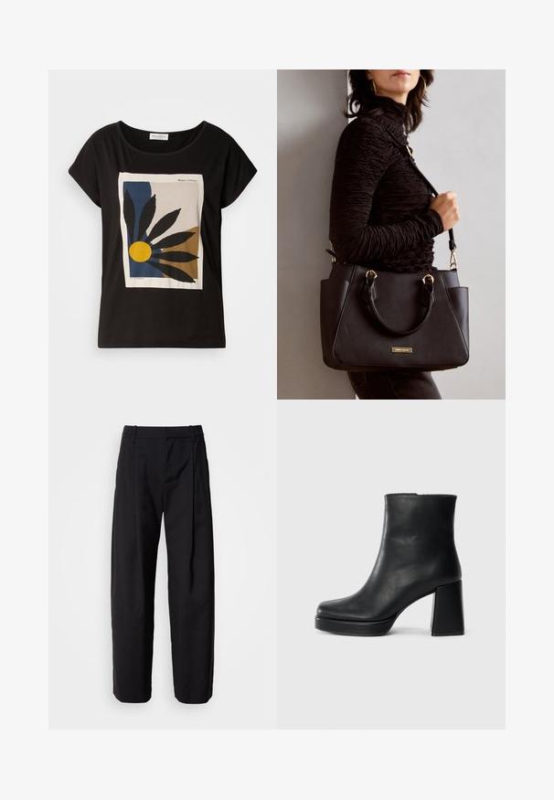 T-shirt preta de manga curta com uma estampa gráfica de folhas e um sol amarelo sobre um fundo bege, com a marca "Marc O'Polo".; Calças pretas com um corte descontraído, frente plissada e passadores para cinto. Tecido suave e pernas retas, com bolsos laterais.; Bota de couro preta até ao tornozelo com salto bloco e sola com plataforma, vista de lado sobre um fundo branco liso.; Bolsa preta com superfície texturizada, alças superiores duplas e alça de ombro ajustável. Apresenta ferragens em tom dourado e bolsos laterais.