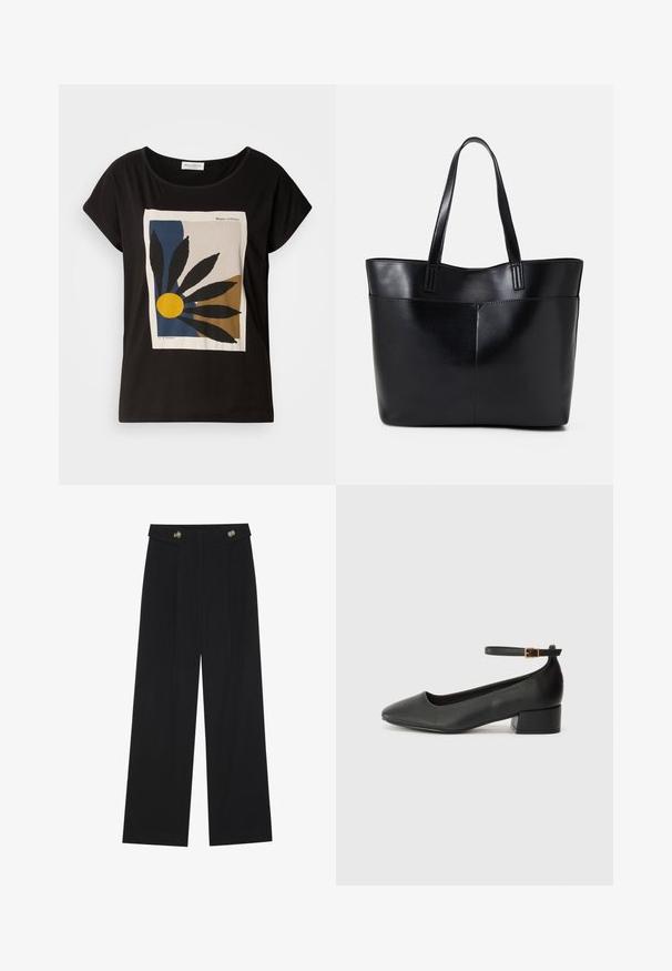Svart kortärmad T-shirt med ett grafiskt tryck av blad och en gul sol på en beige bakgrund, med "Marc O'Polo"-logotyp.; Svarta vida byxor med hög midja, knäppdetaljer i midjan och framfickor.; Svart läderpump med spetsig tå och en låg klack. Har en ankelsnodd med en guldtonad spänne. Slät textur.; Svart läder tote-väska med två långa handtag, en slät yta och en strukturerad form. Har en framficka för extra förvaring.