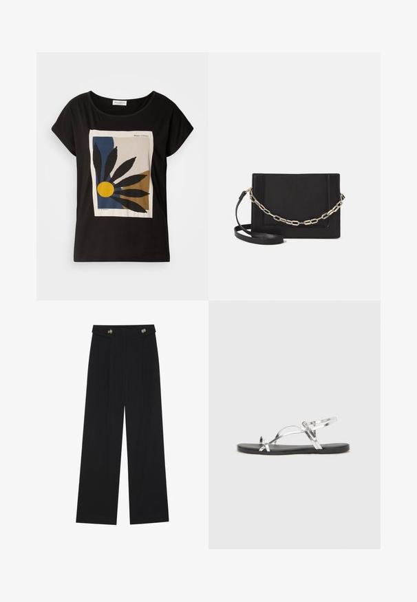 Must have T-särk lühikeste varrukatega, millel on graafika, kus on lehed ja kollane päike beežil taustal, koos "Marc O'Polo" brändimisega.; Mustad laiad püksid kõrge vöökoha ja nööpdetailidega vööandil, esikortsudega.; Hõbedased metallilised sandaalid minimalistliku disainiga, millel on õhukesed rihmad ja must lamellõhk. Tunnusjoonte hulka kuuluvad risti asetatud rihmad.; Mustast nahast õlakott, mis omab siledat tekstuuri, ristküliku kuju ning esiküljel metallketi detaili. Reguleeritav rihm on kaasas.