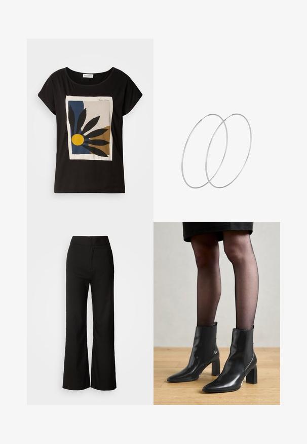 Černé tričko s krátkým rukávem s grafickým potiskem listů a žlutého slunce na béžovém pozadí, s logem "Marc O'Polo".; Černé kalhoty se širokými nohavicemi, hladkou texturou, vysokým pasem a čistým designem. Bez viditelných kapes nebo ozdob.; Černé kožené kotníkové boty s špičatou špičkou, robustním čtvercovým podpatkem a elegantním designem. Obsahují elastické boční panely pro snadné obouvání.; Stříbrné kruhové náušnice s minimalistickým designem. Kruh, hladký povrch a tenký profil. Lehká konstrukce s lesklým povrchem.