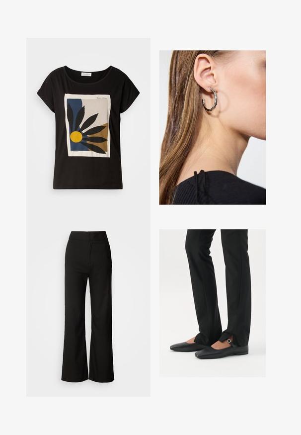 Zwart T-shirt met korte mouwen met een grafische print van bladeren en een gele zon op een beige achtergrond, met het merk 'Marc O'Polo'.; Zwarte wijde broek met een gladde textuur, hoge taille en een strakke uitstraling. Geen zichtbare zakken of versieringen.; Zwarte leren balletschoenen met een puntige neus, bandje met een zilveren gesp, gecombineerd met zwarte nauwsluitende broek met een zijsplit.; Zilveren oorbel met een gepolijste afwerking, met kleine gouden accentdetails en een ronde vorm, gedragen op de oorlel.
