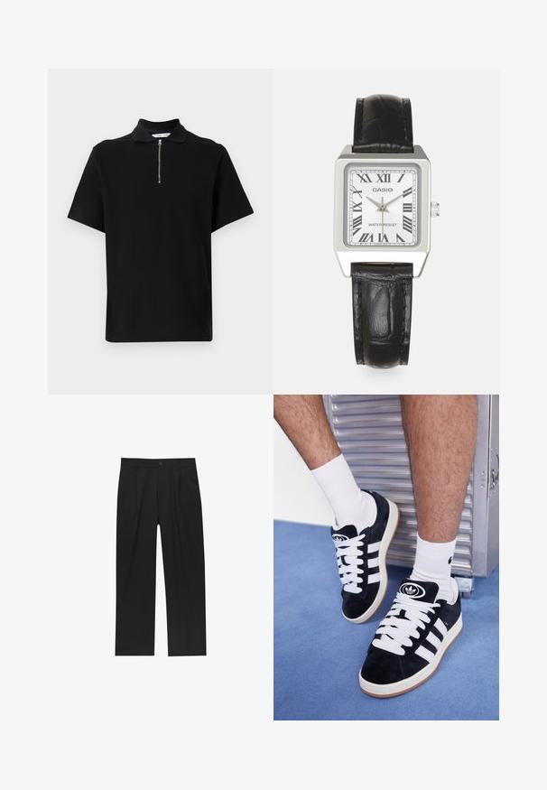 Sort kortærmet polo skjorte lavet af blødt stof, med en lynlåslukning i kraven og et rent, minimalistisk design uden ekstra mønstre.; Sorte bukser med lige ben, lavet af et glat stof. Har frontfolder og en enkelt knaplukning i taljen.; Sorte ruskinds sneakers med hvide snørebånd og tre hvide striber. Har et rundt sort logo på tungen og en gummigummisål.; Sølv firkantet ur med hvid skive, sorte romerske cifre og teksten "VANDTÆT". Sort læderrem med struktureret overflade.