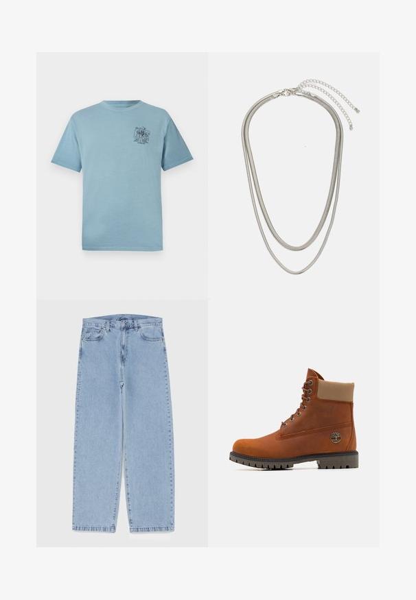 Light blue cotton t-shirt with a relaxed fit, featuring a small black graphic on the left chest area. Short sleeves and crew neckline.; Light blue denim jeans with straight leg design, featuring a mid-rise waist, five pockets, and a button and zipper closure.; Timberland Lace-up ankle boots - medium orange; Three-layered silver metal necklace featuring sleek, flexible chains with a slight sheen, secured with a lobster clasp and adjustable chain.