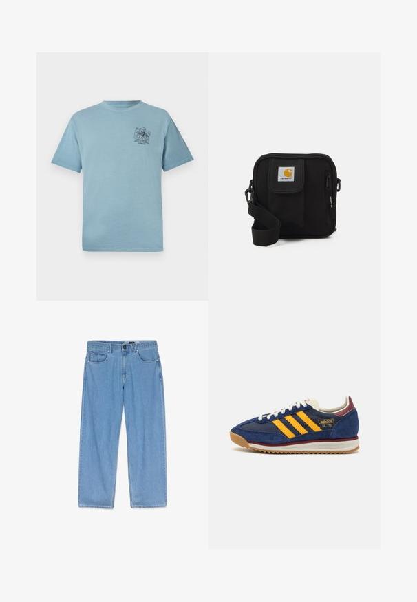 Camiseta de algodón de color azul claro con un corte relajado, que presenta un pequeño gráfico negro en la zona del pecho izquierdo. Mangas cortas y cuello redondo.; Vaqueros de denim azul claro con corte recto, que cuentan con un bolsillo frontal, cinturilla con pasadores para cinturón y cierre de un solo botón.; Zapatilla de ante azul marino con rayas amarillas, cordones blancos y acentos burdeos. Suela texturizada con surcos para tracción. Logo de la marca en el lateral.; Bolso bandolera negro con un compartimento principal con cremallera, bolsillo frontal, correa ajustable y un parche de logo visible en la tapa.